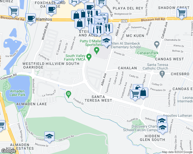 map of restaurants, bars, coffee shops, grocery stores, and more near 851 Villa Teresa Way in San Jose