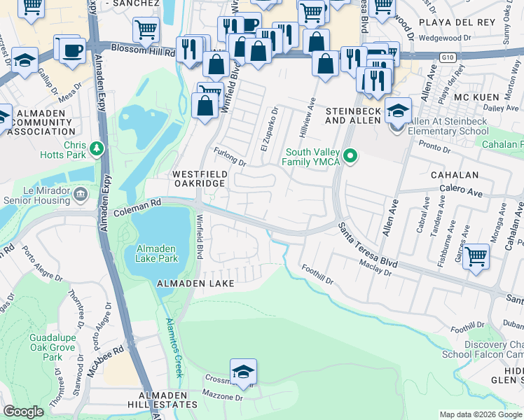 map of restaurants, bars, coffee shops, grocery stores, and more near 5931 Lake Hennessy Court in San Jose