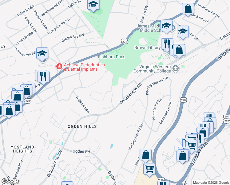 map of restaurants, bars, coffee shops, grocery stores, and more near 3540 Hartland Road Southwest in Roanoke