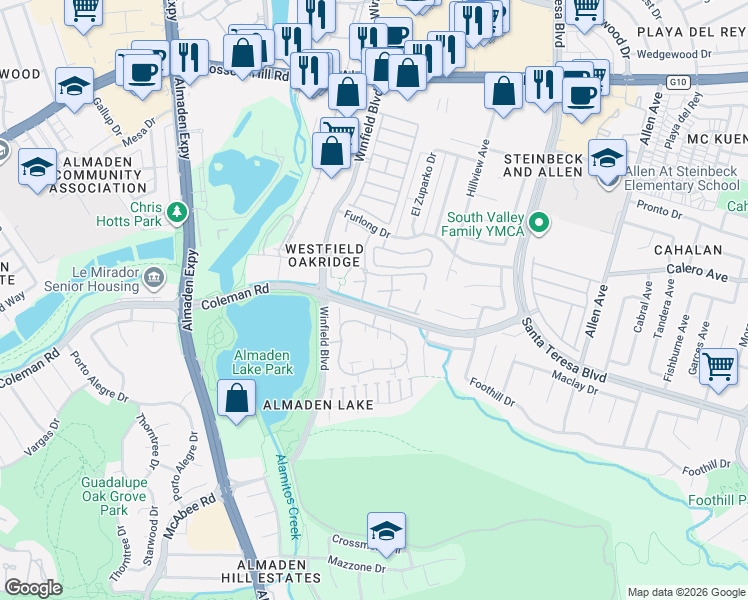 map of restaurants, bars, coffee shops, grocery stores, and more near 903 Lake Tahoe Court in San Jose