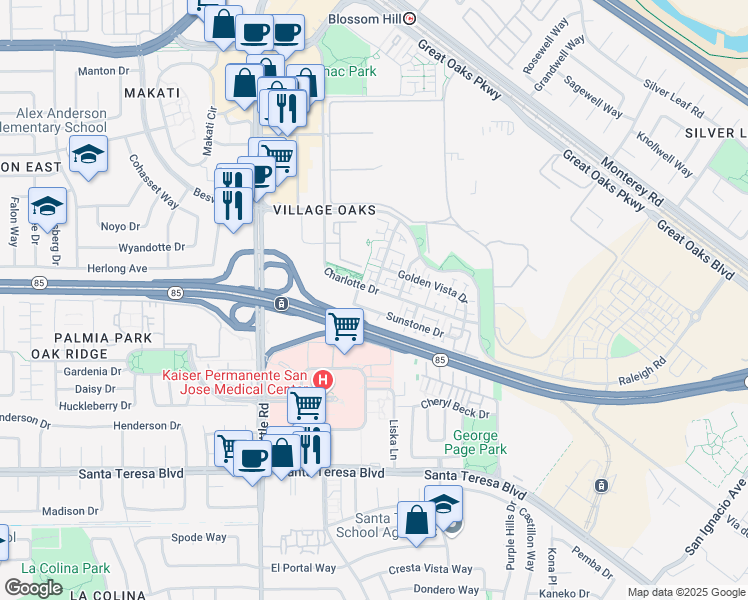 map of restaurants, bars, coffee shops, grocery stores, and more near 5925 Charlotte Drive in San Jose