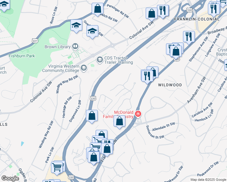 map of restaurants, bars, coffee shops, grocery stores, and more near 3356 Somercroft Court in Roanoke