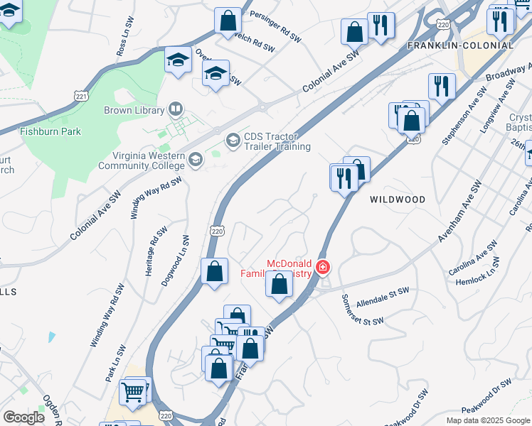 map of restaurants, bars, coffee shops, grocery stores, and more near 3356 Somercroft Court in Roanoke