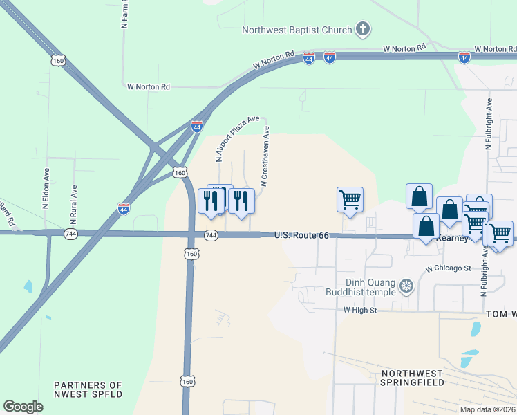 map of restaurants, bars, coffee shops, grocery stores, and more near North Cresthaven Avenue in Springfield