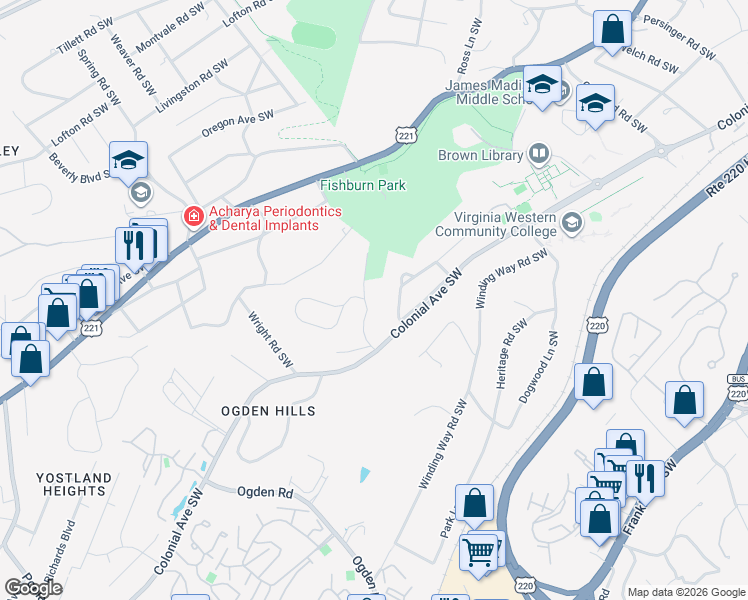 map of restaurants, bars, coffee shops, grocery stores, and more near 3540 Hartland Road Southwest in Roanoke