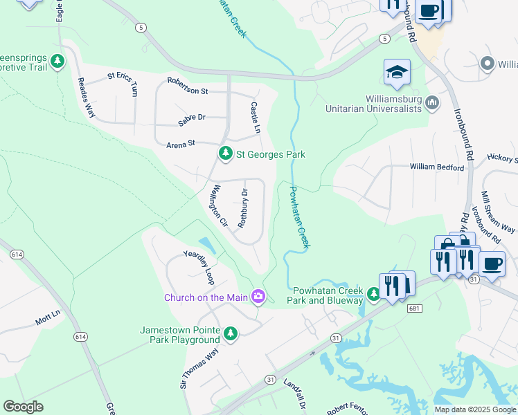 map of restaurants, bars, coffee shops, grocery stores, and more near 122 Wellington Circle in Williamsburg