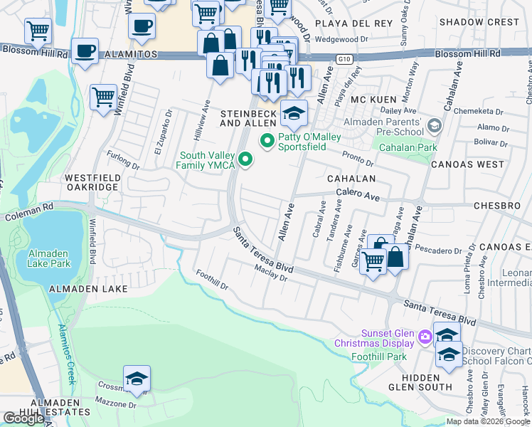 map of restaurants, bars, coffee shops, grocery stores, and more near 818 Villa Teresa Way in San Jose