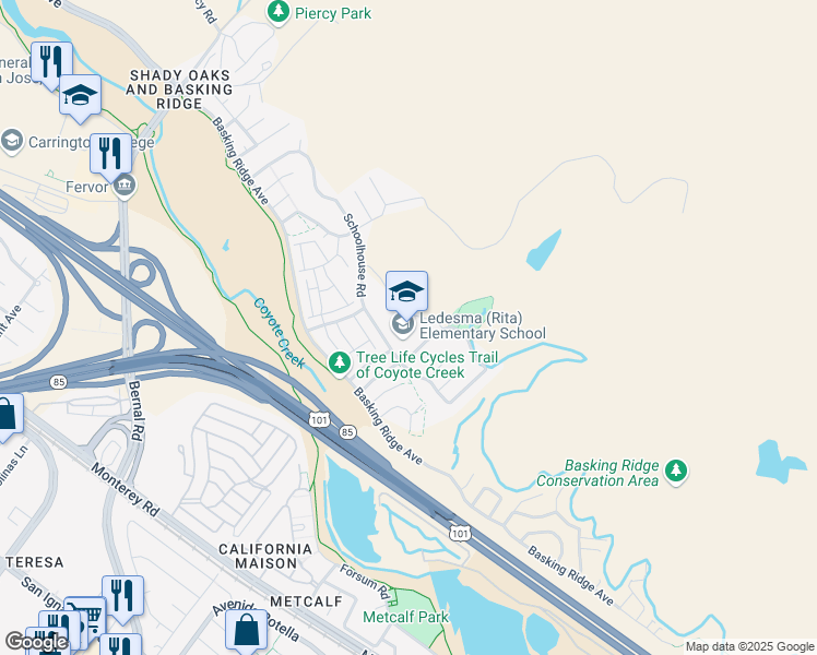 map of restaurants, bars, coffee shops, grocery stores, and more near 1001 Schoolhouse Road in San Jose