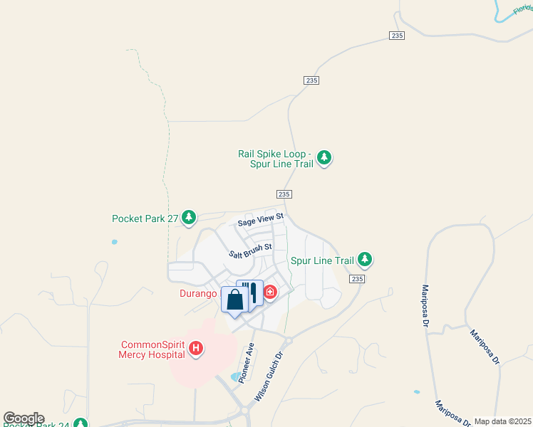 map of restaurants, bars, coffee shops, grocery stores, and more near County Road 235 in Durango