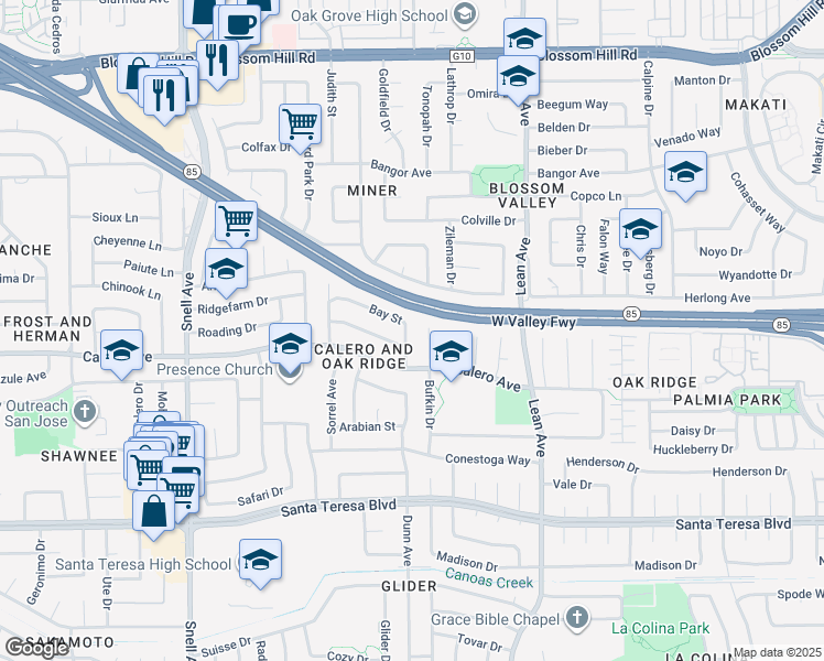 map of restaurants, bars, coffee shops, grocery stores, and more near 367 Bay Street in San Jose