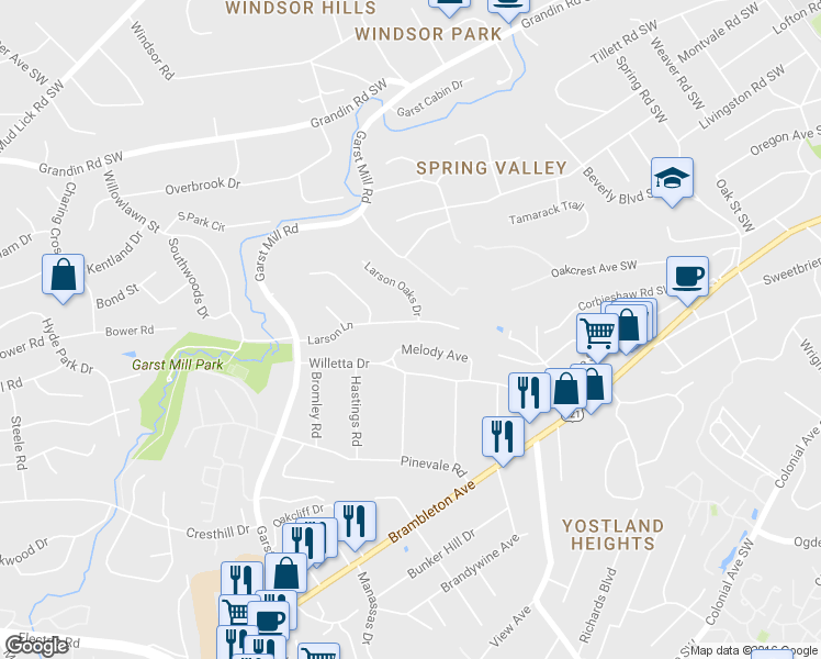 map of restaurants, bars, coffee shops, grocery stores, and more near 3604 Larson Lane in Roanoke
