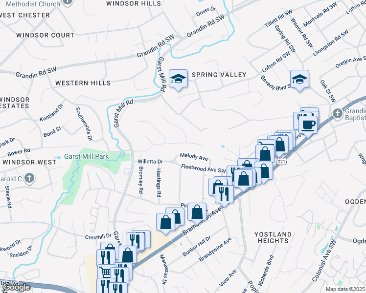 map of restaurants, bars, coffee shops, grocery stores, and more near 3604 Larson Lane in Roanoke