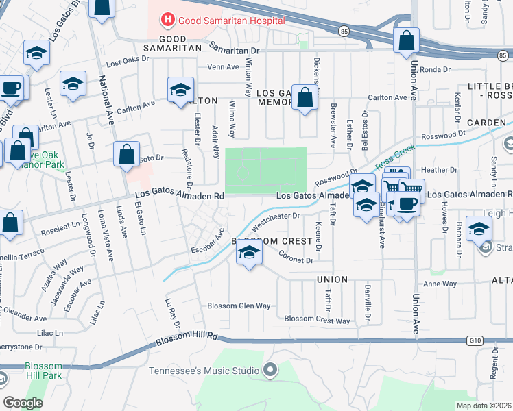 map of restaurants, bars, coffee shops, grocery stores, and more near 105 Aurora Lane in Los Gatos