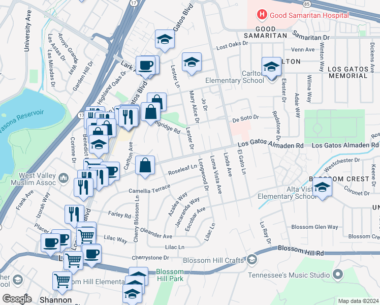 map of restaurants, bars, coffee shops, grocery stores, and more near 103 Lester Lane in Los Gatos