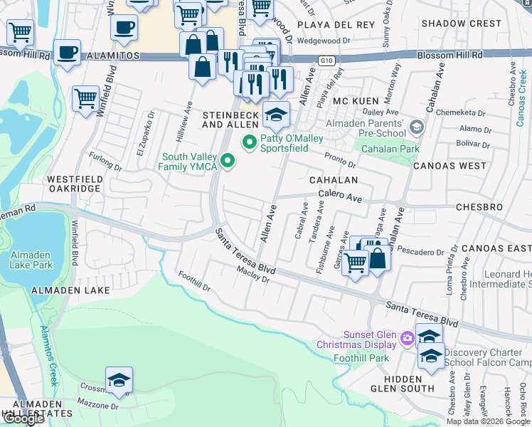 map of restaurants, bars, coffee shops, grocery stores, and more near 818 Villa Teresa Way in San Jose