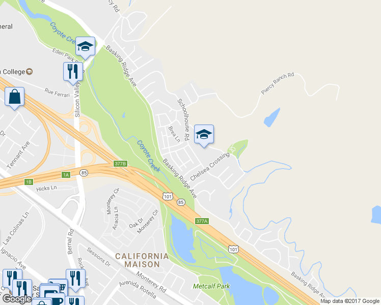 map of restaurants, bars, coffee shops, grocery stores, and more near 1001 Schoolhouse Road in San Jose