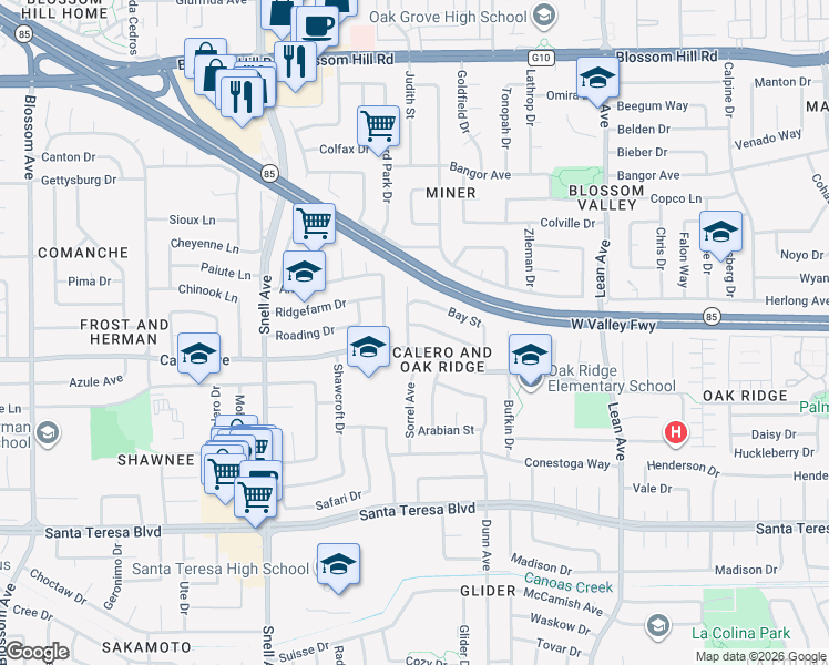 map of restaurants, bars, coffee shops, grocery stores, and more near 5867 Bridle Way in San Jose