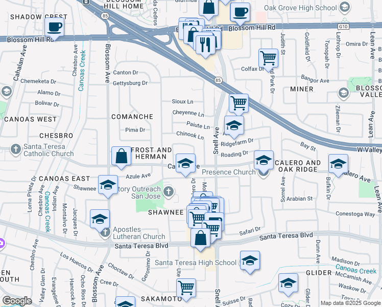 map of restaurants, bars, coffee shops, grocery stores, and more near 549 Yurok Circle in San Jose