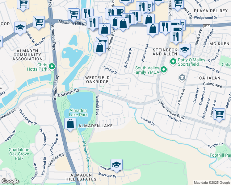 map of restaurants, bars, coffee shops, grocery stores, and more near 5900 Eastman Lake Drive in San Jose