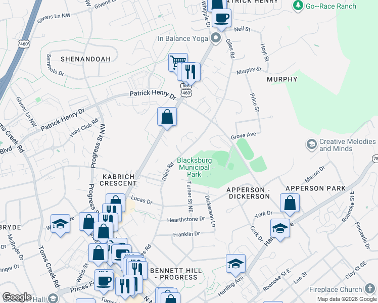 map of restaurants, bars, coffee shops, grocery stores, and more near 912-916 Giles Road in Blacksburg