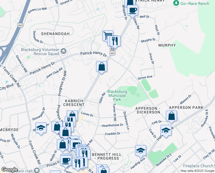 map of restaurants, bars, coffee shops, grocery stores, and more near 200 Heights Lane in Blacksburg