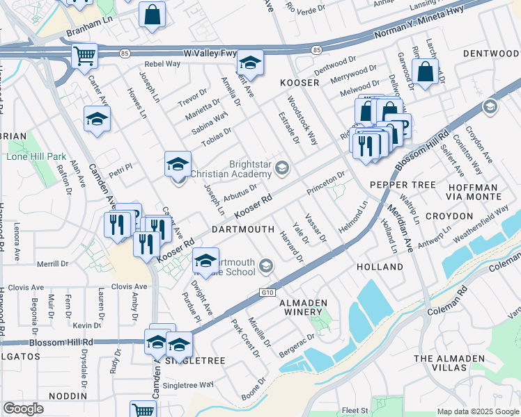 map of restaurants, bars, coffee shops, grocery stores, and more near 1532 Kooser Road in San Jose