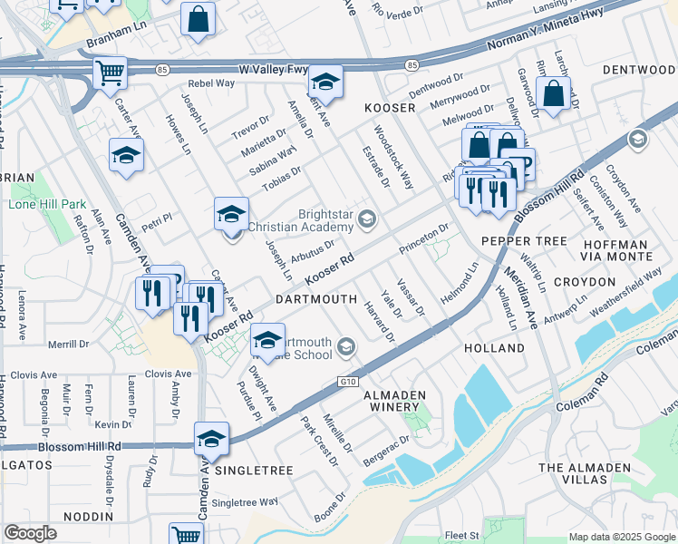 map of restaurants, bars, coffee shops, grocery stores, and more near 1532 Kooser Road in San Jose