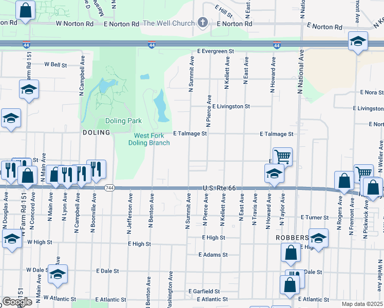 map of restaurants, bars, coffee shops, grocery stores, and more near 2512 North Summit Avenue in Springfield