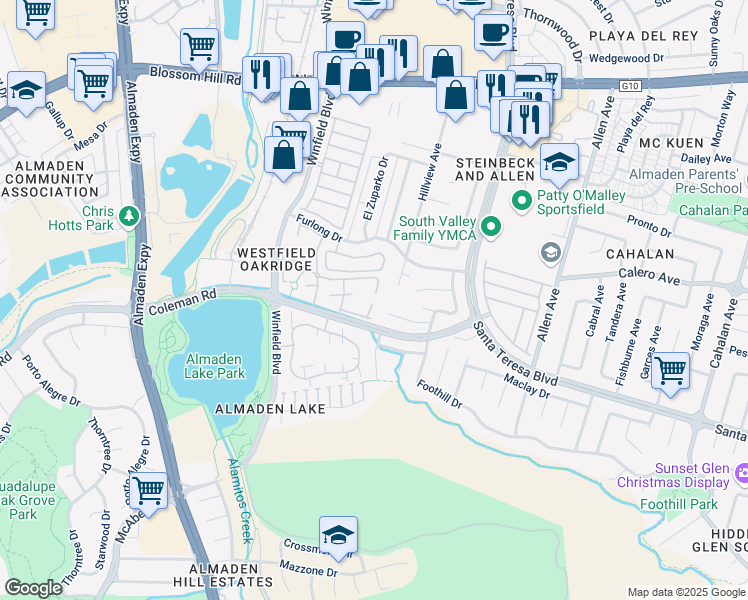 map of restaurants, bars, coffee shops, grocery stores, and more near 5931 Lake Hennessy Court in San Jose