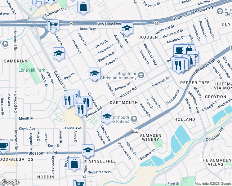 map of restaurants, bars, coffee shops, grocery stores, and more near 1543 Arbutus Drive in San Jose