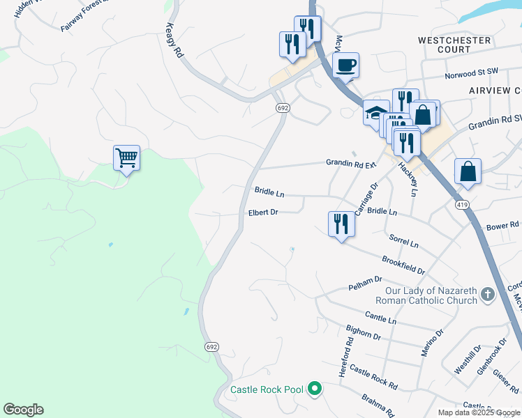 map of restaurants, bars, coffee shops, grocery stores, and more near 1824 Elbert Drive in Cave Spring