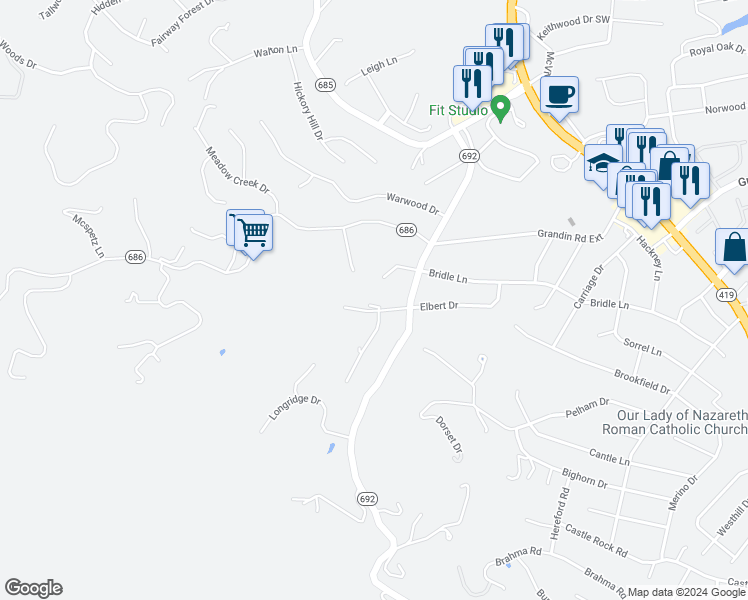 map of restaurants, bars, coffee shops, grocery stores, and more near 1742 Elbert Drive in Roanoke