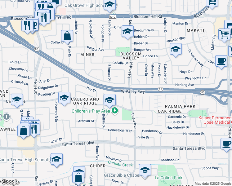 map of restaurants, bars, coffee shops, grocery stores, and more near 5883 Manichetti Court in San Jose