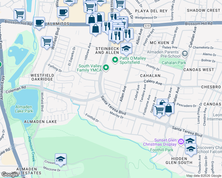 map of restaurants, bars, coffee shops, grocery stores, and more near 821 Villa Teresa Way in San Jose