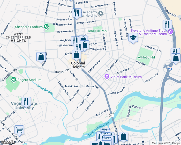 map of restaurants, bars, coffee shops, grocery stores, and more near 109 Lafayette Avenue in Colonial Heights