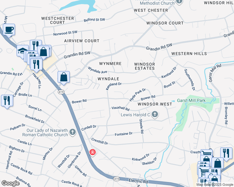 map of restaurants, bars, coffee shops, grocery stores, and more near 3944 Thames Drive in Cave Spring