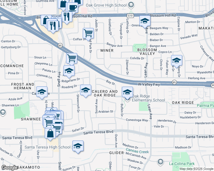 map of restaurants, bars, coffee shops, grocery stores, and more near 379 Roan Street in San Jose