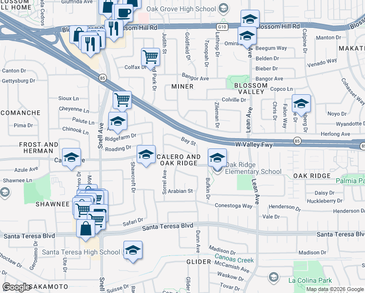 map of restaurants, bars, coffee shops, grocery stores, and more near 379 Roan Street in San Jose