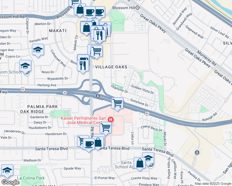 map of restaurants, bars, coffee shops, grocery stores, and more near 5875 Charlotte Drive in San Jose
