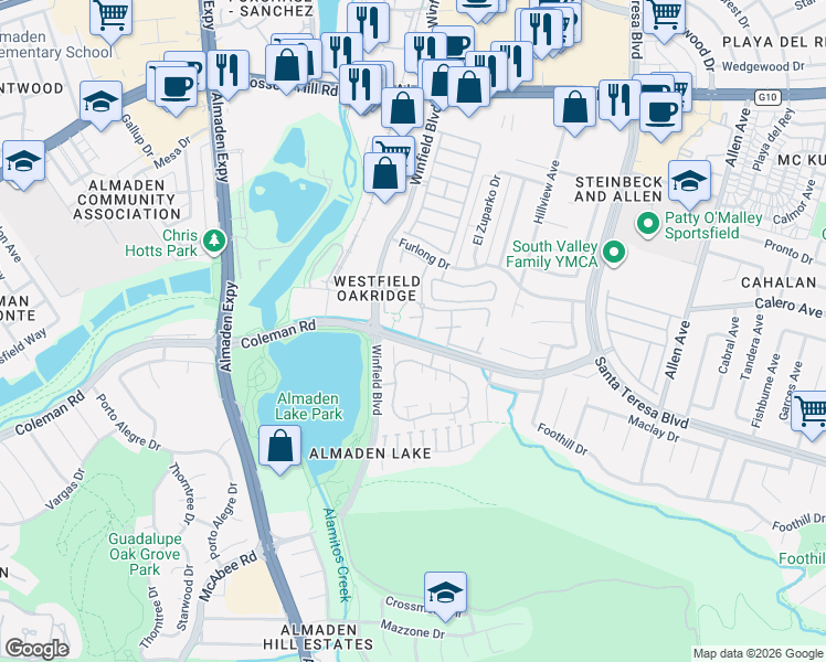 map of restaurants, bars, coffee shops, grocery stores, and more near 903 Lake Tahoe Court in San Jose