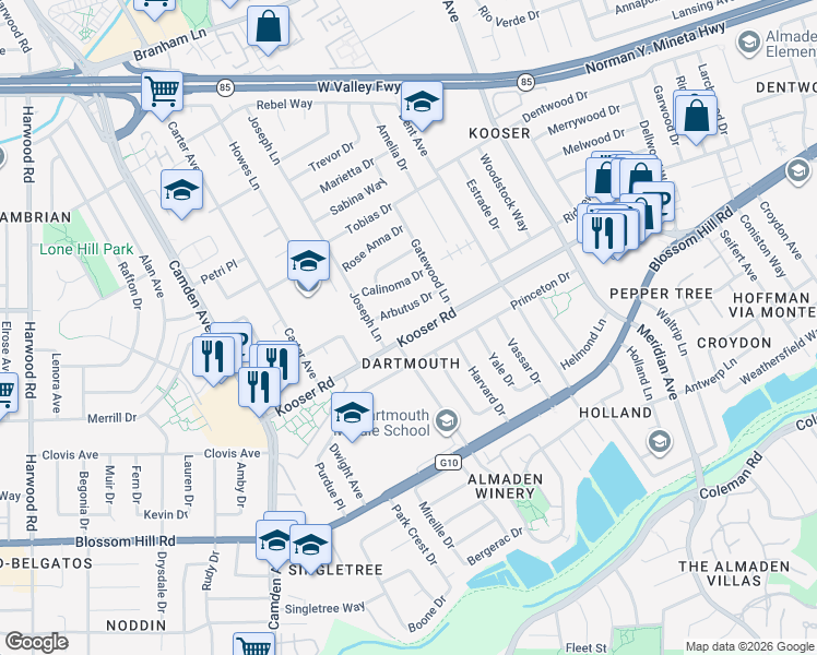 map of restaurants, bars, coffee shops, grocery stores, and more near 1534 Arbutus Drive in San Jose