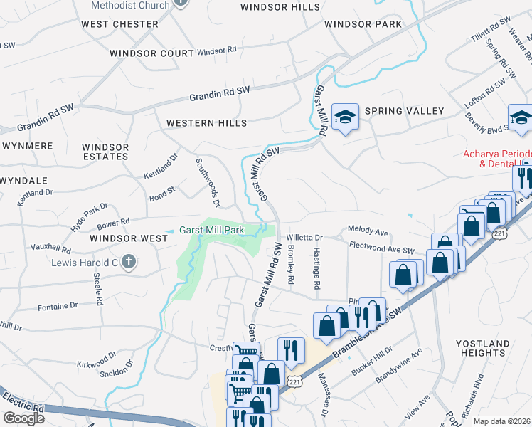 map of restaurants, bars, coffee shops, grocery stores, and more near 4085-4199 Garst Mill Road Southwest in Cave Spring