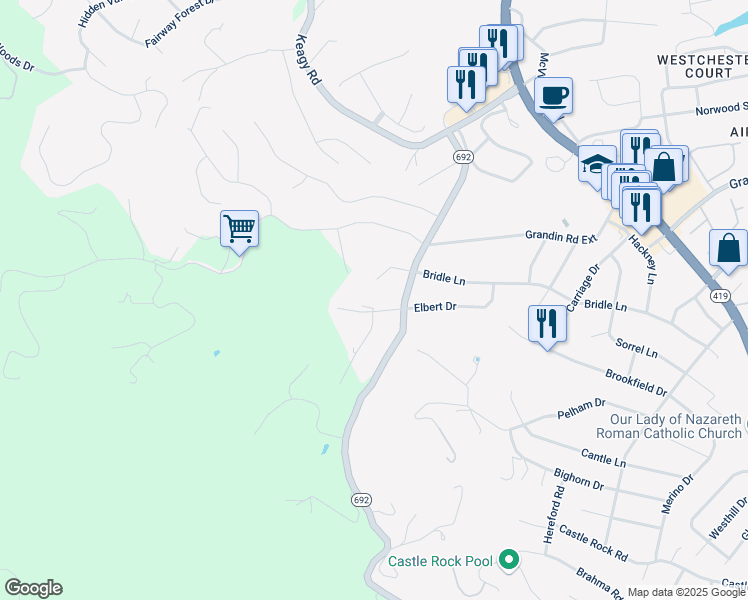 map of restaurants, bars, coffee shops, grocery stores, and more near 1707 Bridle Lane in Roanoke