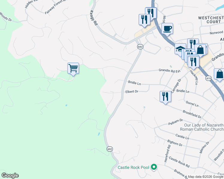 map of restaurants, bars, coffee shops, grocery stores, and more near 1707 Bridle Lane in Roanoke