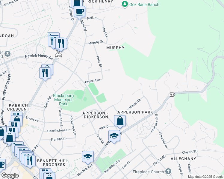 map of restaurants, bars, coffee shops, grocery stores, and more near 520 Patrick Henry Drive in Blacksburg