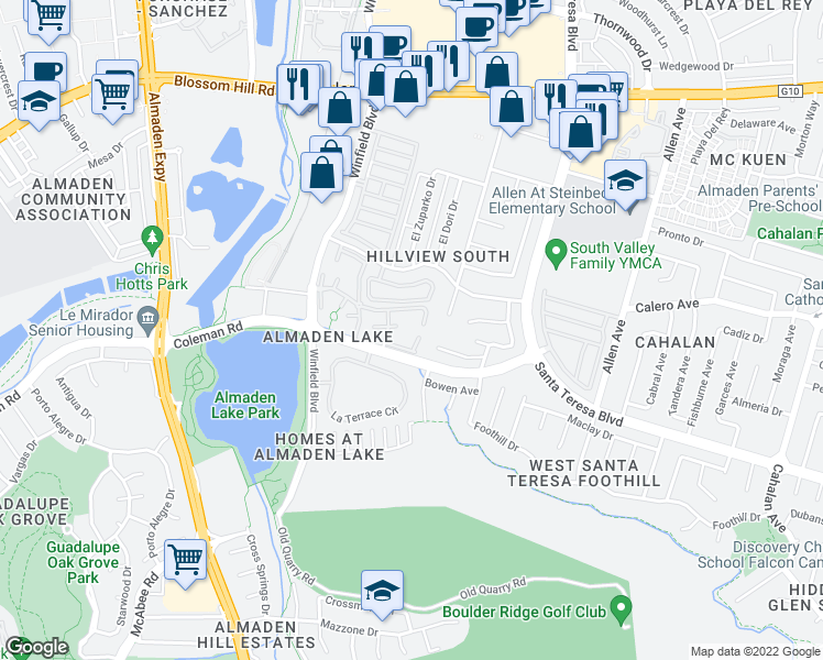 map of restaurants, bars, coffee shops, grocery stores, and more near 5981 Lake Hennessy Court in San Jose