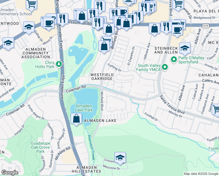 map of restaurants, bars, coffee shops, grocery stores, and more near 934 Lake Tahoe Court in San Jose