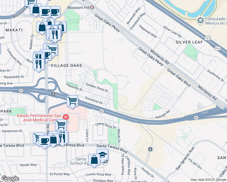 map of restaurants, bars, coffee shops, grocery stores, and more near Raleigh Road in San Jose
