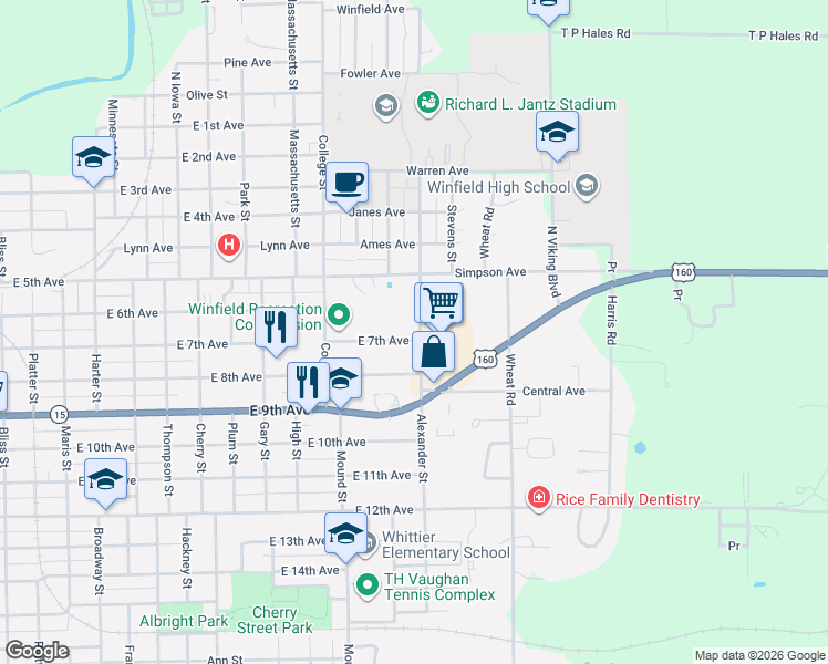 map of restaurants, bars, coffee shops, grocery stores, and more near 603 Alexander Street in Winfield