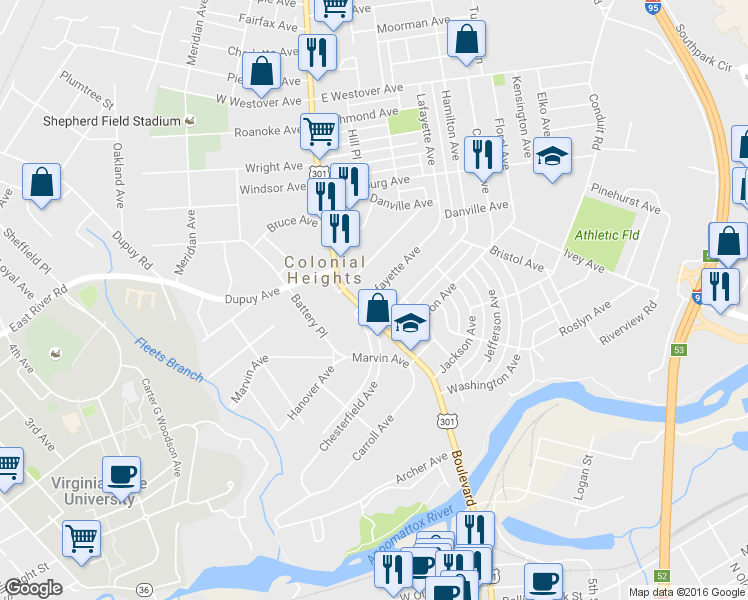 map of restaurants, bars, coffee shops, grocery stores, and more near 109 Lafayette Avenue in Colonial Heights